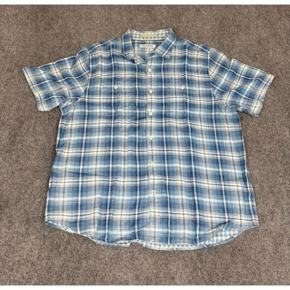 Tommy Bahama Shirt Mens Blue Plaid Button UP Short Sleeve Cotton Size XL